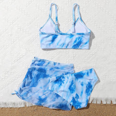 Girl's Three-Piece Bikini Swimsuit with Skirt, Age 7-14