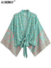 LuxLife Women's Vintage Boho Kimono Short Robe Bikini Cover Up