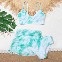 Girl's Three-Piece Bikini Swimsuit with Skirt, Age 7-14