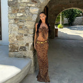 Sexikinis Thalassa Leopard Bow Women's Three-Piece Bikini Swimsuit with Long Skirt Cover-Up