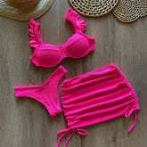 Women's Three-Piece Bikini Swimsuit with Short Skirt Cover-Up