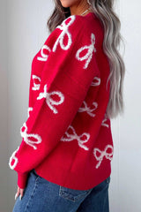 Women's Fiery Red All Over Bow Dropped Shoulder Round Neck Shift Sweater CHRISTMAS