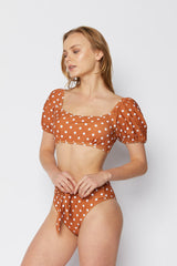 Women's High Waist Short Sleeve Two-Piece Bikini Swimsuit - Brick/White Dot
