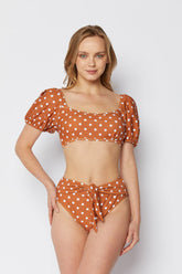 Women's High Waist Short Sleeve Two-Piece Bikini Swimsuit - Brick/White Dot
