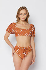 Women's High Waist Short Sleeve Two-Piece Bikini Swimsuit - Brick/White Dot