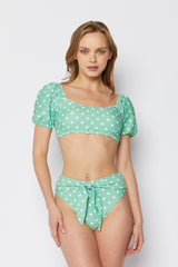 Women's Short Sleeve High Waist Two-Piece Bikini Swimsuit - Mint/White Dot