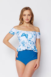 Women's High Waist Off-Shoulder Short Sleeve Two-Piece Tankini Swimsuit - Butterfly