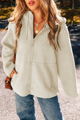 Women's Fleece Zip Up Drawstring Hooded Pocketed Jacket