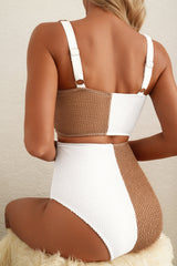Women's White Corded Color Block Square Neck Bikini Two-Piece Swimsuit