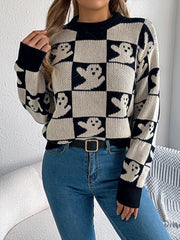 HALLOWEEN Women's Ghost Pattern Checkered Round Neck Sweater