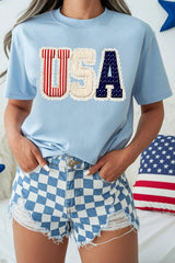 Women's Light Blue USA Patriotic Printed T-Shirt