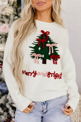 Women's White 'Merry and Bright' Christmas Tree Bow Drop Shoulder Knit Sweater