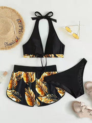 Women's Leaf Print Bikini Swimsuit plus Shorts