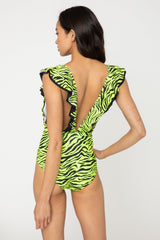 Women's Deep-V One-Piece Swimsuit - Zebra Green/Black