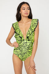 Women's Deep-V One-Piece Swimsuit - Zebra Green/Black