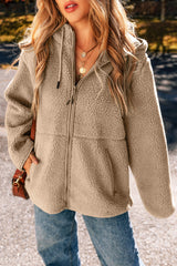 Women's Fleece Zip Up Drawstring Hooded Pocketed Jacket
