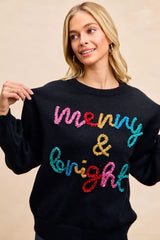 CHRISTMAS Women's 'Merry & Bright' Tinsel Lettering Sweater