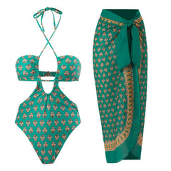 Women's Hawaiian One-Piece Halter Swimsuit with Wrap Skirt Cover-Up