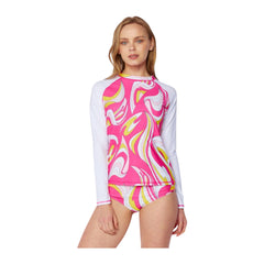 Girl's Long Sleeve Rash Guard Two-Piece Tankini Swimsuit - Swirl Pink