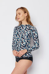 Women's Long Sleeve Rash Guard Two-Piece Bikini Swimsuit - Daisy Black