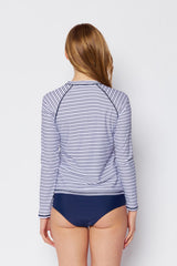 Women's Long Sleeve Rash Guard with High Waist Bottoms Two-Piece Bikini Swimsuit - Navy/White Stripe