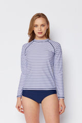 Women's Long Sleeve Rash Guard with High Waist Bottoms Two-Piece Bikini Swimsuit - Navy/White Stripe