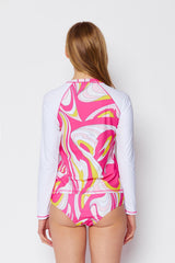 Girl's Long Sleeve Rash Guard Two-Piece Tankini Swimsuit - Swirl Pink