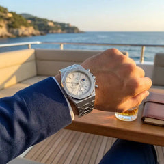 Dapper Watches Men's Silver Stainless Steel ChronoLunar Watch - White Dial - 30m