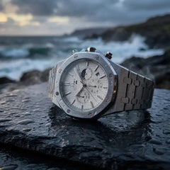 Dapper Watches Men's Silver Stainless Steel ChronoLunar Watch - White Dial - 30m