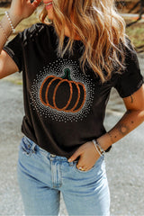 HALLOWEEN Women's Black Rhinestone Pumpkin Graphic Casual Short Sleeve Tee