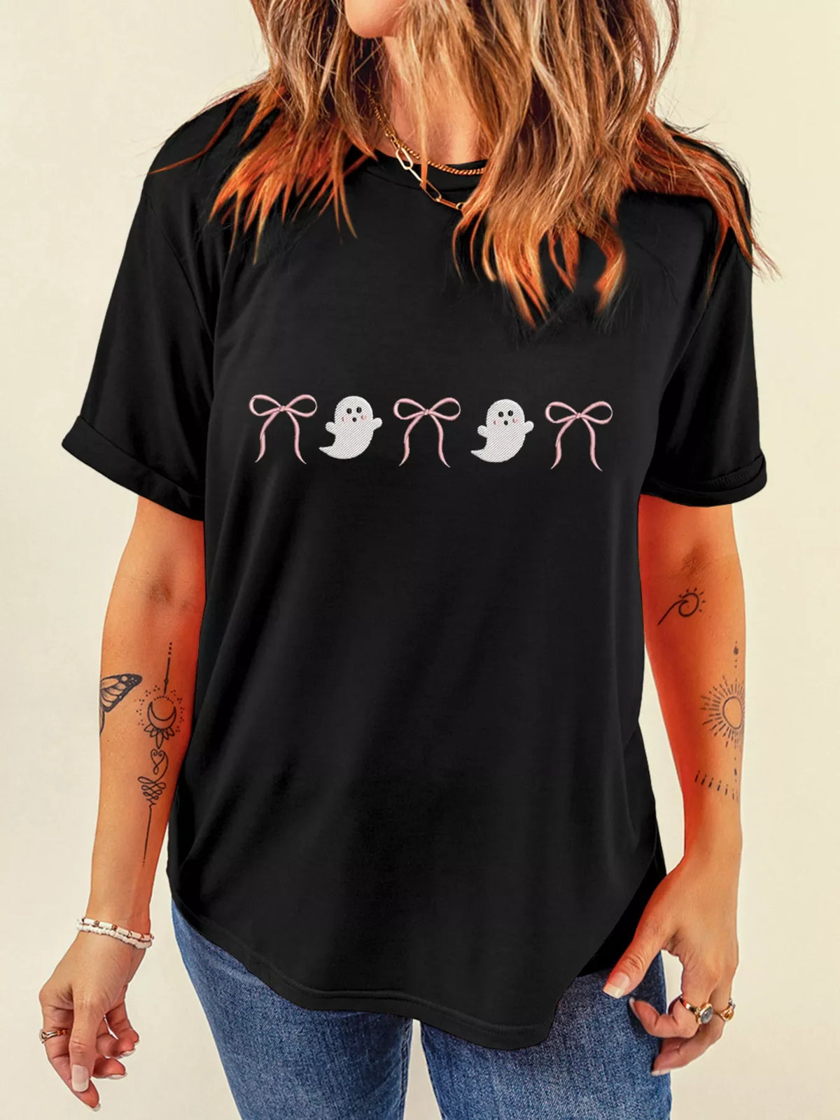 HALLOWEEN Women's Ghost & Bow Graphic Short Sleeve T-Shirt