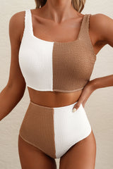 Women's White Corded Color Block Square Neck Bikini Two-Piece Swimsuit