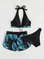 Women's Leaf Print Bikini Swimsuit plus Shorts