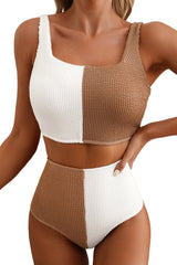 Women's White Corded Color Block Square Neck Bikini Two-Piece Swimsuit