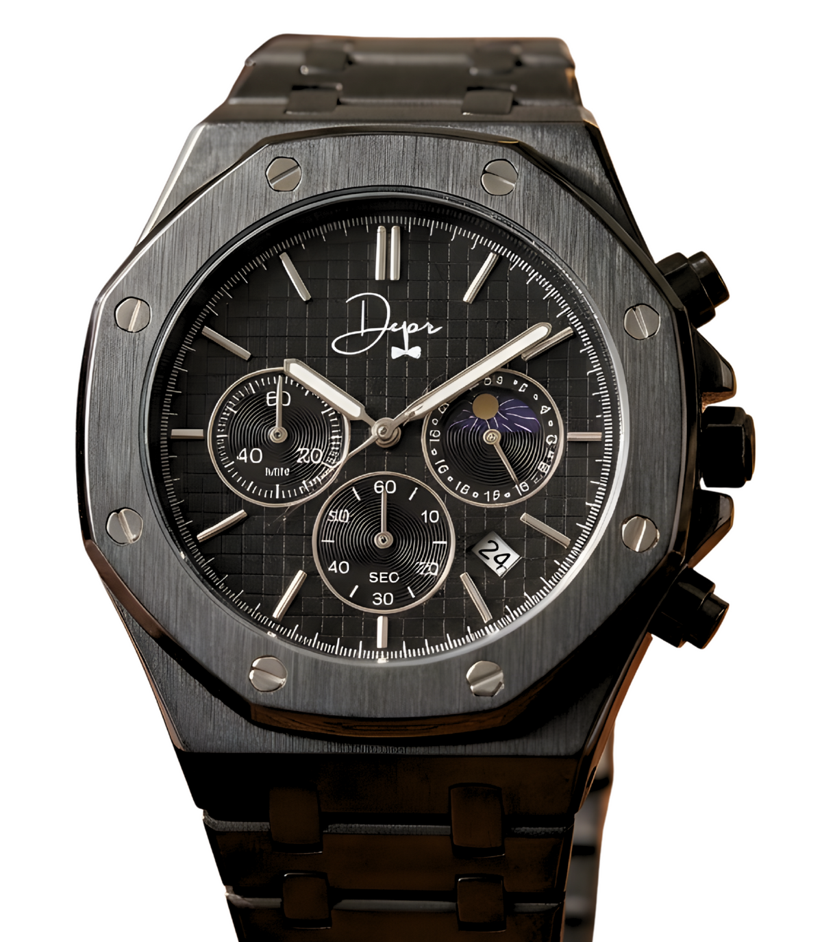 Dapper Watches Men's All Black Stainless Steel ChronoLunar Watch - 30m
