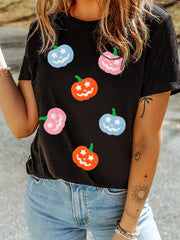 HALLOWEEN Women's Chenille Pumpkin Patched Playful T-Shirt