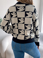 HALLOWEEN Women's Ghost Pattern Checkered Round Neck Sweater
