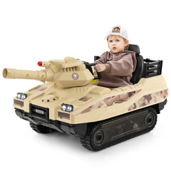12V Kids Ride On Tank with Rotatable Turret and 8 Missiles for Ages 37-95 Months Old - Khaki