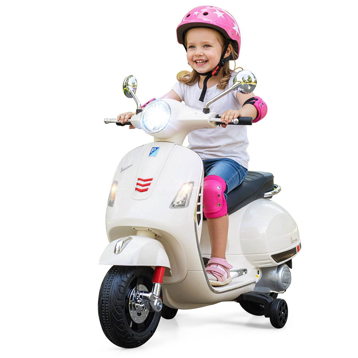 12V Kids Electric Scooter Licensed VESPA with Music and Training Wheels