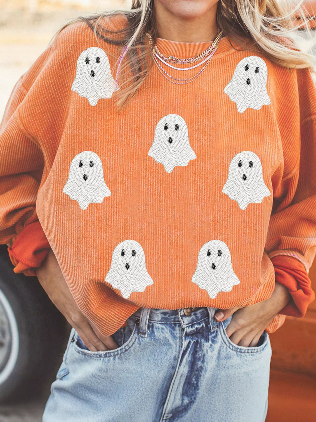 HALLOWEEN Women's Ghost Sequin Patched, Ribbed Sweatshirt