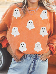HALLOWEEN Women's Ghost Sequin Patched, Ribbed Sweatshirt