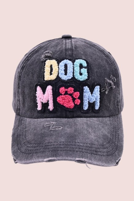 Women's 'Dog Mom' Chenille Patch Distressed Hat