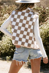 Women's Checkered Sherpa Collared Jacket Vest