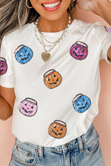 HALLOWEEN Women's Sequin Pumpkin Face Patched Crew Neck T-Shirt