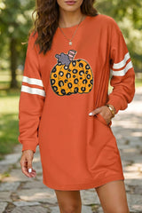 AUTUMN Women's Leopard Print Pumpkin Graphic Varsity Striped Long Sleeve Tunic Dress