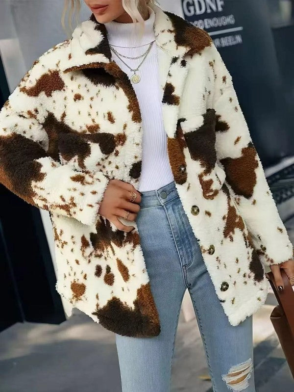 Women's Cow Print Sherpa Jacket