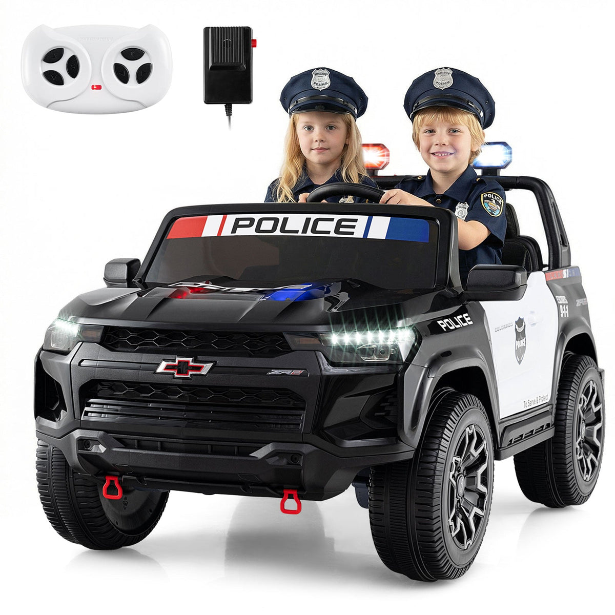 24V Kids 2-Seater Ride On 4WD Police Car with Megaphone and LED Flashing Lights - Black