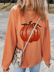 AUTUMN Women's Sequined Pumpkin Ribbed Round Neck Sweatshirt