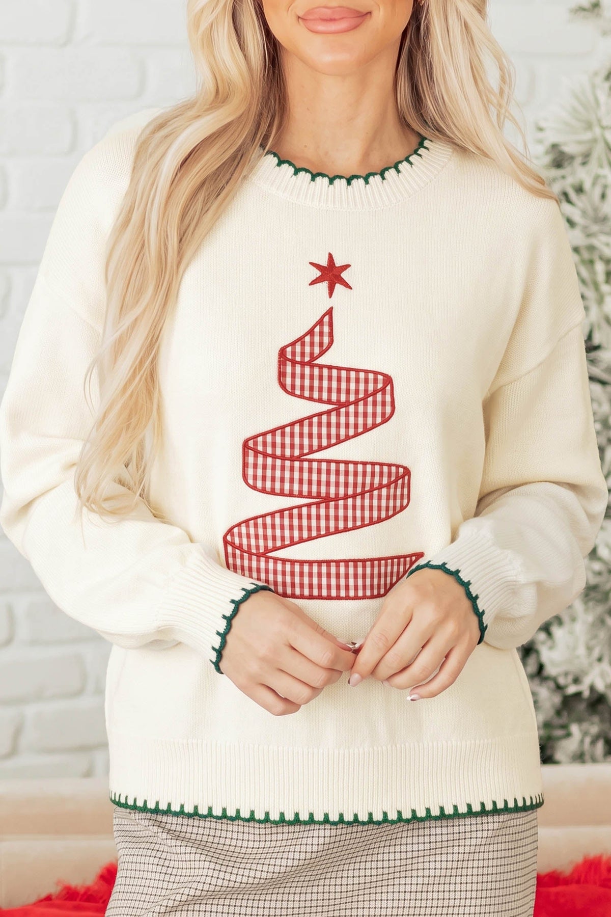 Women's Stitched Detail Christmas Tree Holiday Casual Sweater