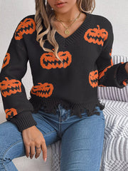 HALLOWEEN Women's Pumpkin Pattern Raw Hem V-Neck Sweater